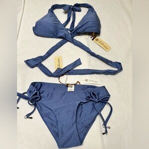NWT;Bellisima Swimwear Wrap Halter blue Diamond Swarovski bikini 🩵